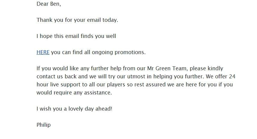 screenshot of email from Mr Green customer support agent