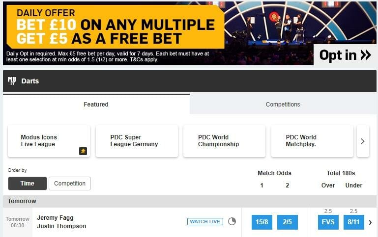 screenshot of darts betting markets at Betfair