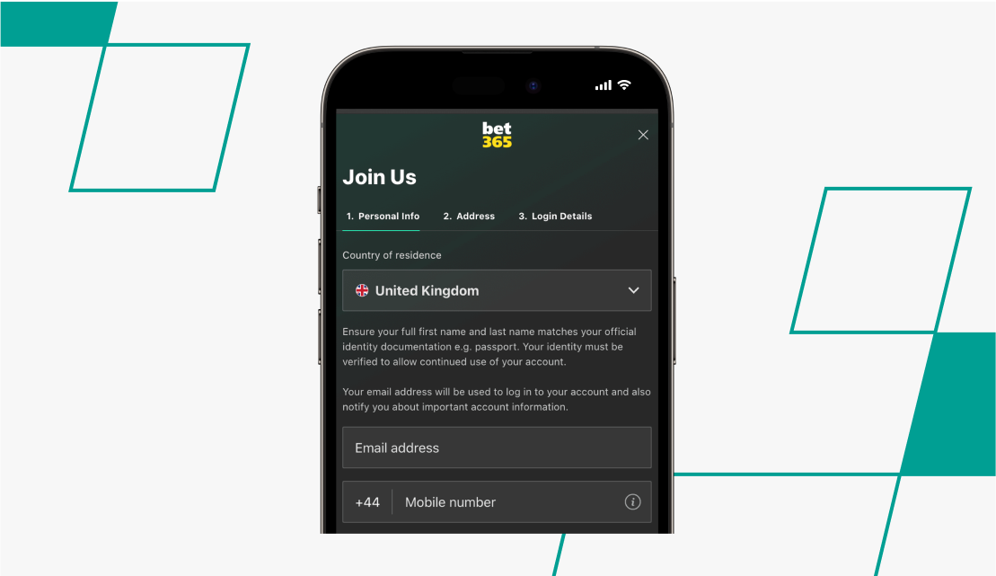 registration screen on bet365