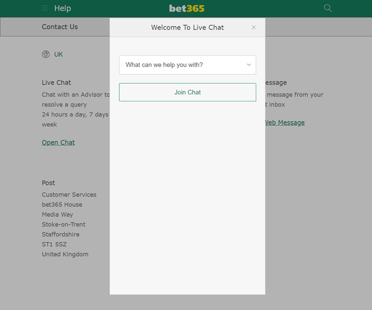 Screenshot of bet365 contact page