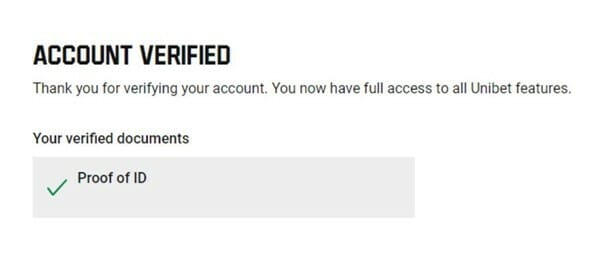 Unibet account verification screenshot