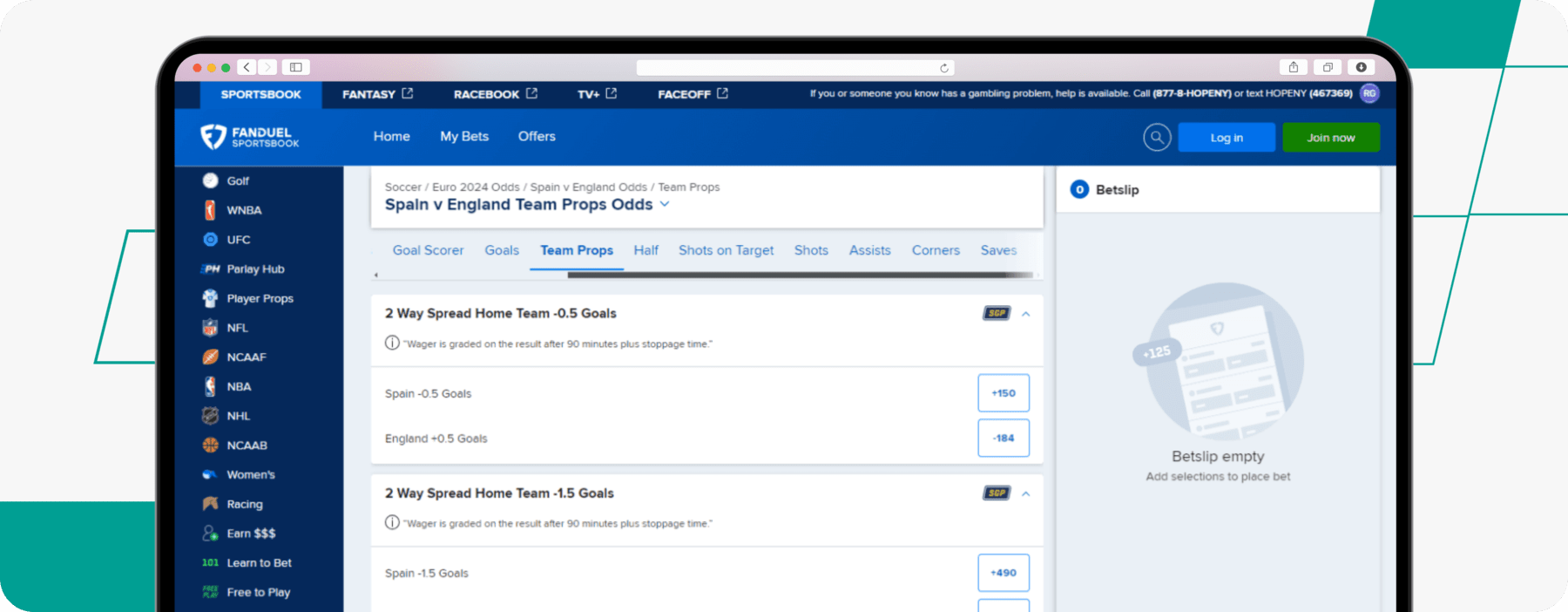 Screenshot of FanDuel Prop Bet Examples desktop