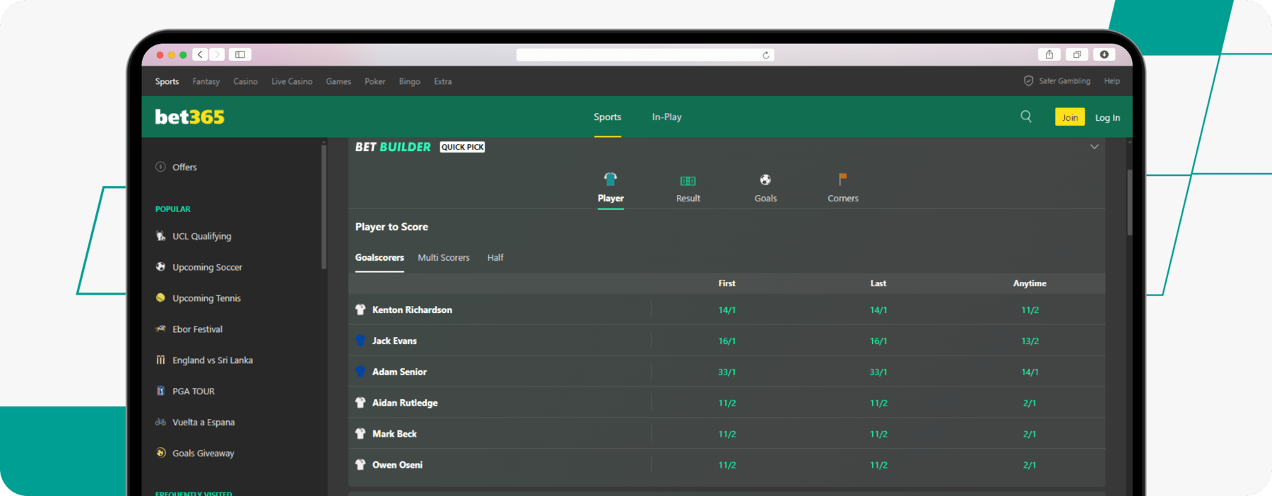 screenshot showing bet365 anytime goal scorer odds