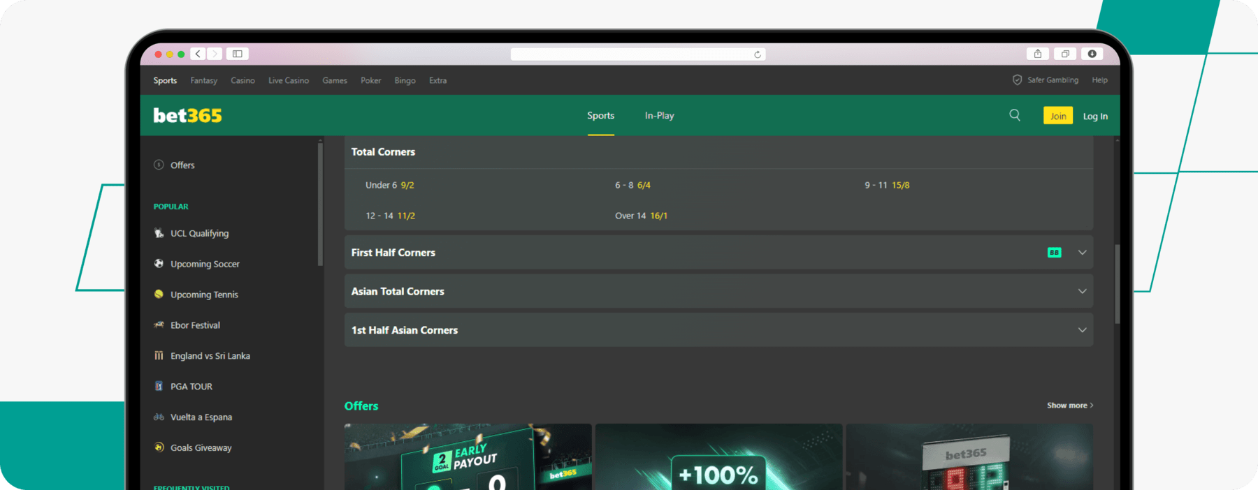 screenshot showing bet365 total corners odds