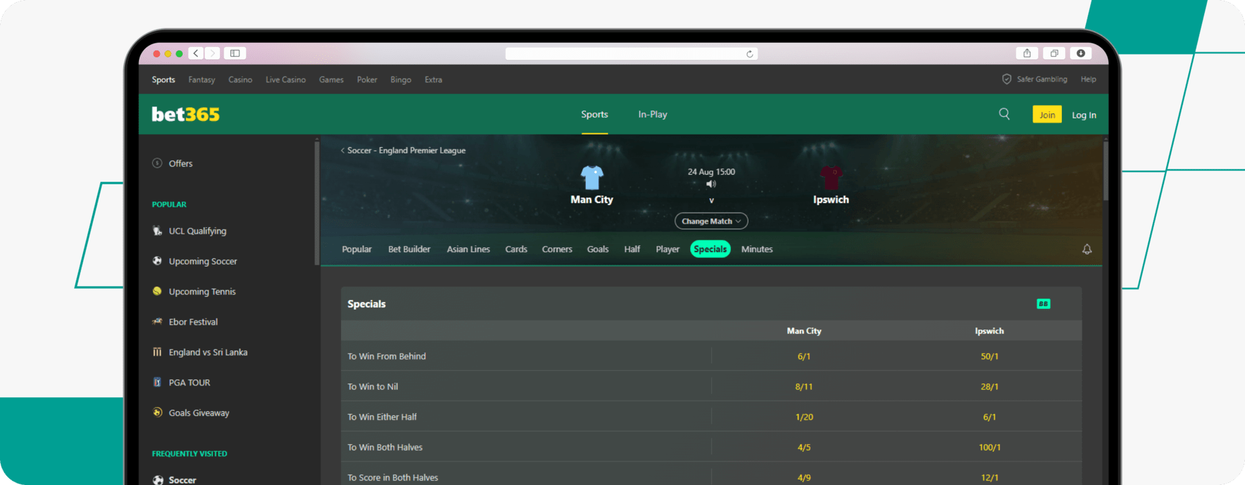 screenshot showing bet365 to win from behind odds