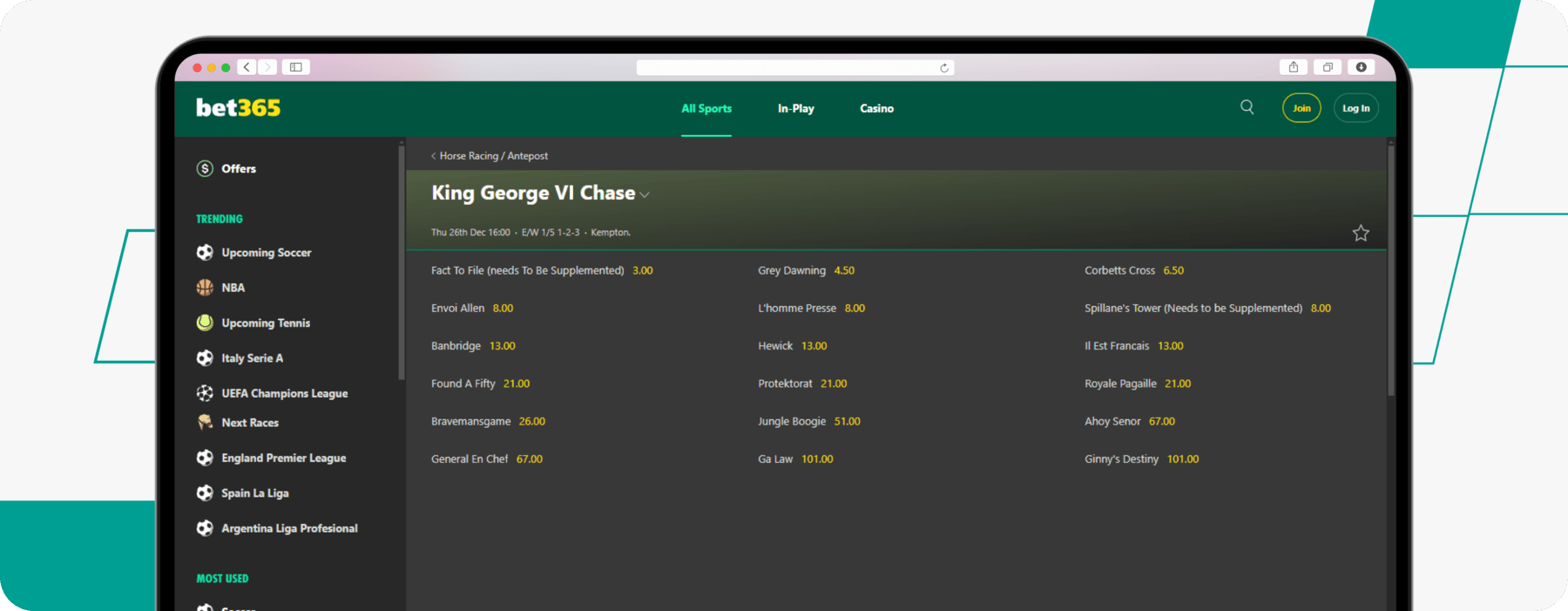 screenshot of bet365 king george vi chase odds